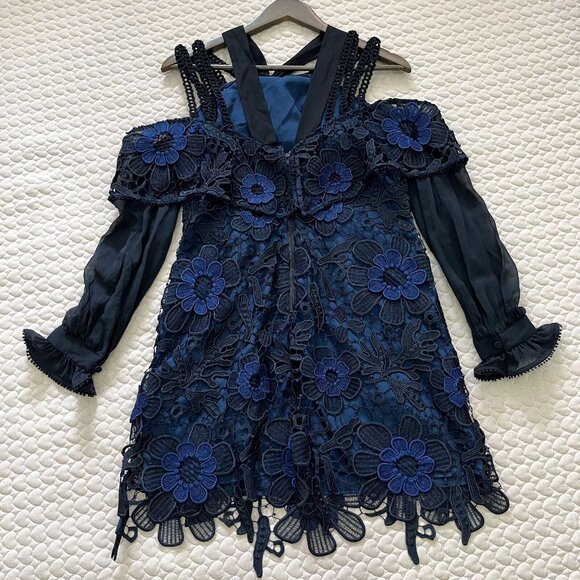 NWT Self Portrait Navy 3D Cold Shoulder Floral Guipure LACE Mini Dress Sz 8 - Picture 11 of 14